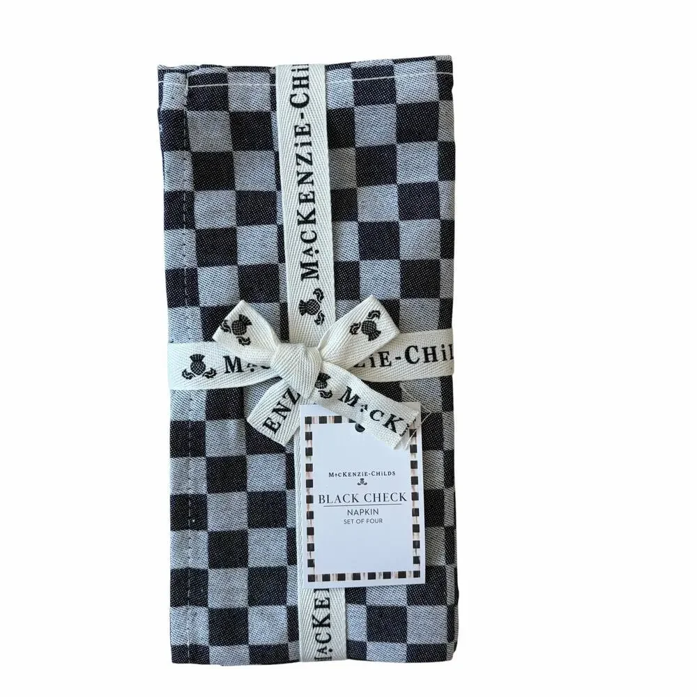 NEW Mackenzie Childs Black Check Cotton Dinner Napkins 18.5 x18.5 Set of 4